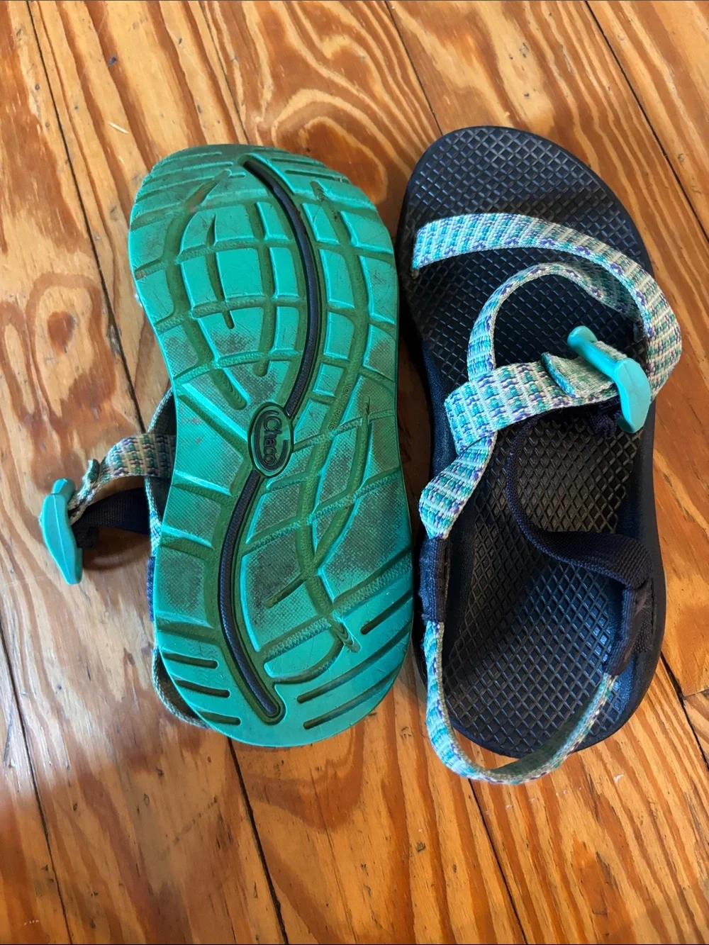Chaco Teal Patterned Strap Sandals with Black Footbed